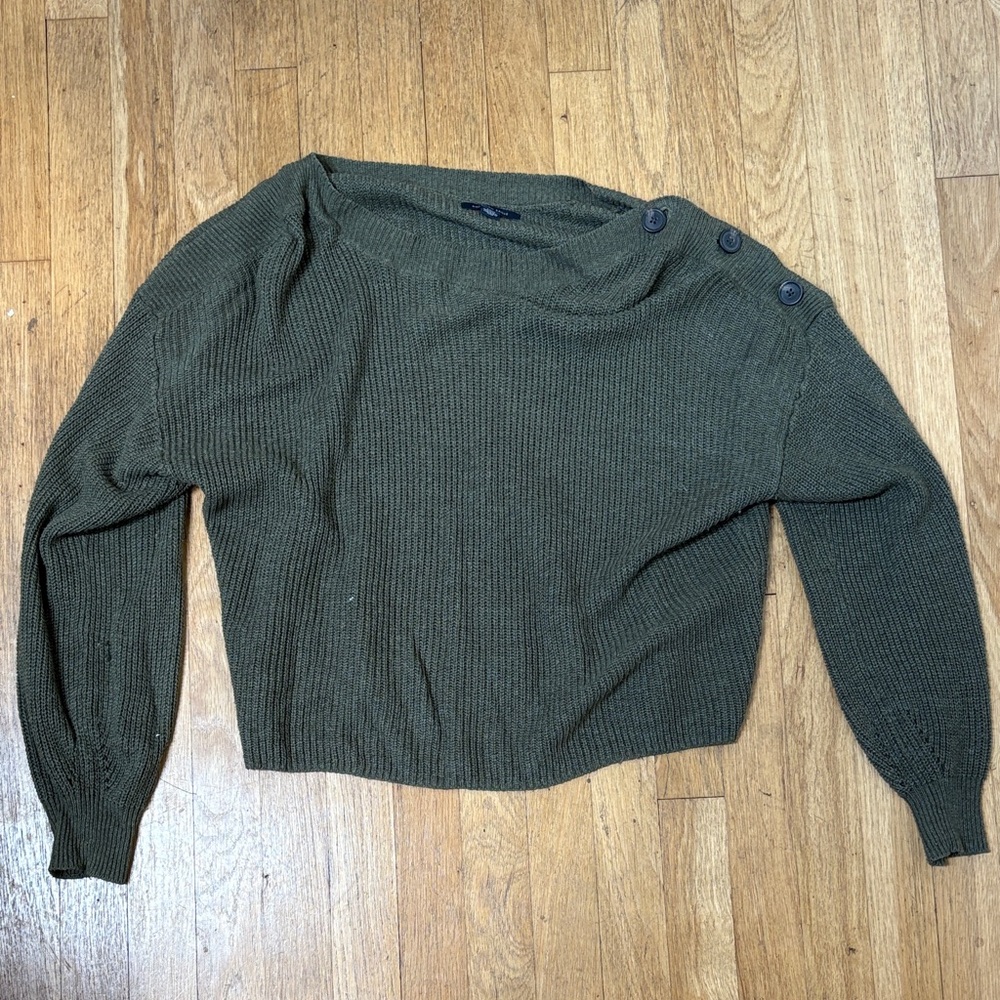 American Eagle Outfitters Olive Off-Shoulder Button Knit Sweater